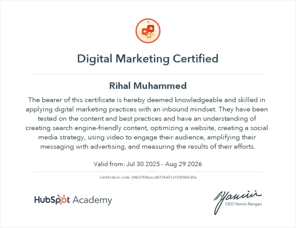 hubspot academy digital marketing specialist in kannur
